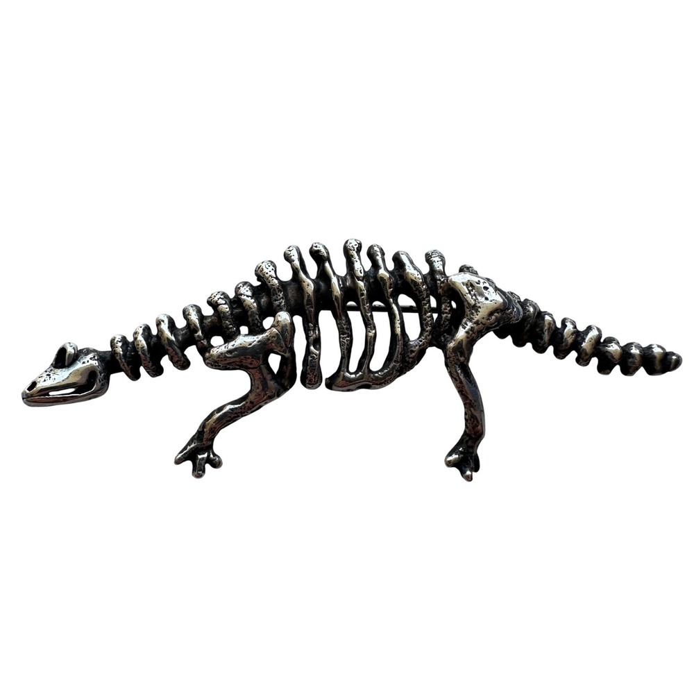 Vintage 925 Sterling Silver Dinosaur Skeleton Brooch Pin Lizard Fossil Bone
